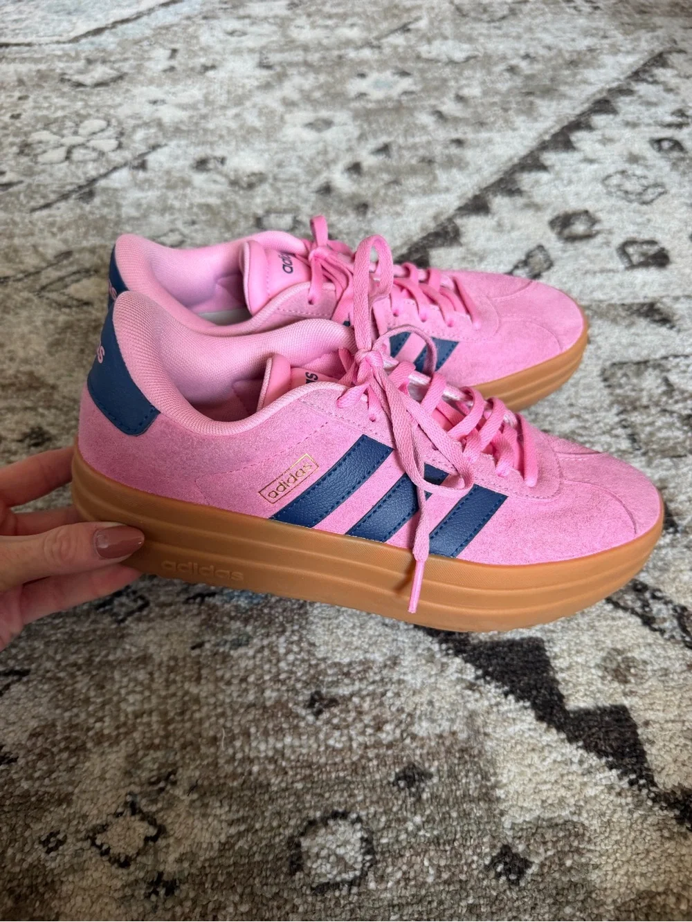 adidas Pink Suede Sneakers with Navy Stripes and Gum Sole